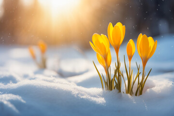 Nature lighting of spring landscape with first yellow crocuses flowers on snow in the sunshine and beautiful sky. Life or nature botanical concept. - obrazy, fototapety, plakaty