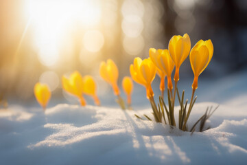 Nature lighting of spring landscape with first yellow crocuses flowers on snow in the sunshine and...