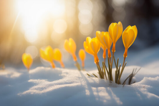 Fototapeta Nature lighting of spring landscape with first yellow crocuses flowers on snow in the sunshine and beautiful sky. Life or nature botanical concept.