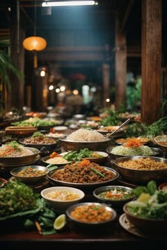 A banquet table overflowing with a delicious assortment of food