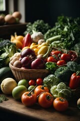 A colorful variety of fresh vegetables on a rustic wooden table