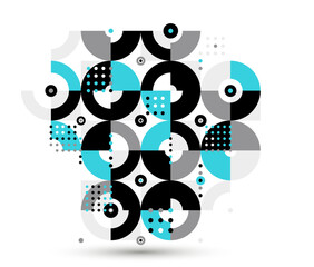 Abstract Bauhaus style trendy vector background, modular geometric tiles composition isolated, dotted mosaic with circles and triangles wallpaper.