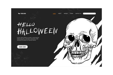 Halloween web template cover design with skull in black and white background, vector illustration