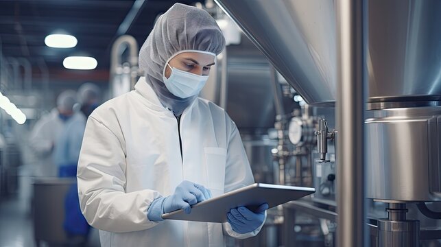 Young woman wearing a mask and holding a digital tablet looks at a camera and food preparation equipment during a quality control inspection at a food factory.
