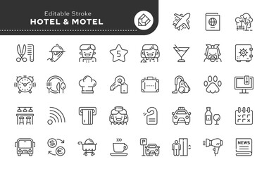 Hotel, business, vacation and travel.. Line icon set. Web icons in linear style for mobile application and web site. Outline pictogram.