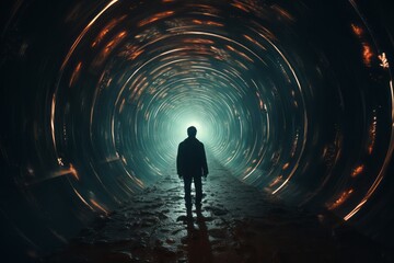 A man stares in awe at a time machine portal, encapsulating a surreal and futuristic atmosphere. Ideal for sci-fi, time travel, and exploratory themes. - obrazy, fototapety, plakaty