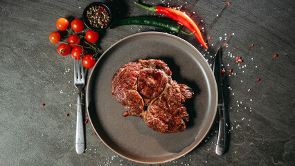 Juicy piece of seared steak lying on a flat gray plate, next to which are cutlery fork and knife, as well as green and red hot peppers, a sprig of cherry tomatoes, a black pot of mixed peppercorns