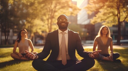 Businessman meditating in urban city park after day at work with diverse colleagues and partners. Peaceful and happy leader demonstrating healthy worklife balance. Wellness, inner peace and happiness - obrazy, fototapety, plakaty