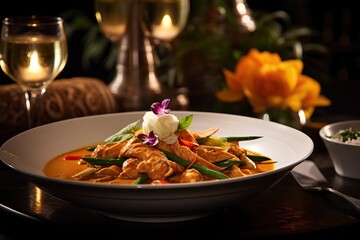 A high-end plating of Panang Curry with elegant garnishes and delicate arrangement, showcasing the culinary artistry and sophistication of the dish