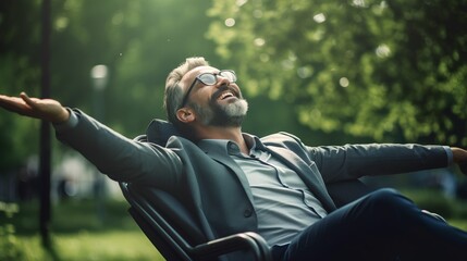 Mature businessman resting in lush green park after long day at work. Happy sitting, enjoying the serene environment, reflecting the perfect work life balance. Look on professional man with happiness - obrazy, fototapety, plakaty