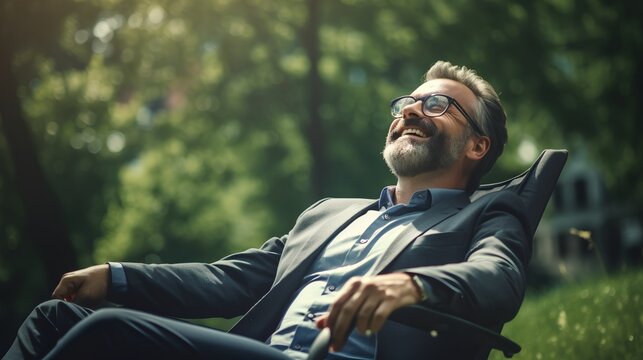 Mature businessman resting in lush green park after long day at work. Happy sitting, enjoying the serene environment, reflecting the perfect work life balance. Look on professional man with happiness