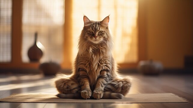 A cat doing yoga in the lotus position