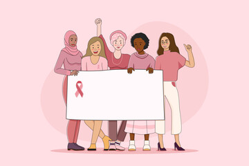 Group of diverse females holding board with motivational quote Fight Like Girls support woman breast cancer awareness campaign