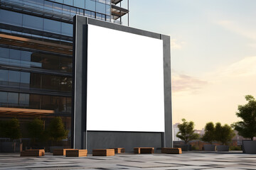 large blank billboard located in an urban setting with modern buildings in the background and a clear sky above. The billboard is the focal point of the image