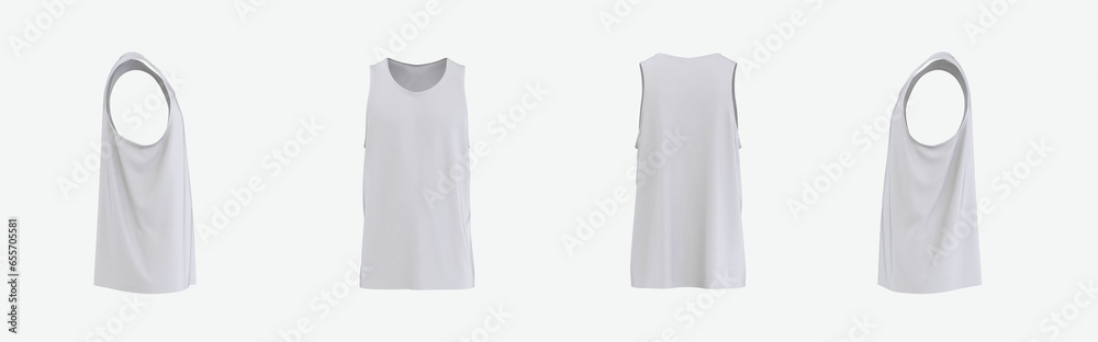 Fototapete set 4 side view of white tank top without sleeves used as mockup for prints or logo design empty sin