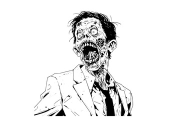 Zombie office worker hand drawn ink sketch. Engraved style vector illustration