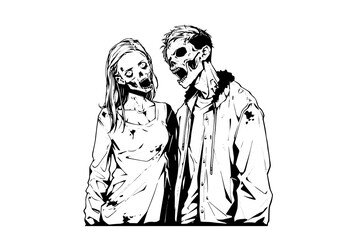Obraz premium Zombie love match pair hand drawn ink sketch. Woman and man zombies. Engraved style vector illustration