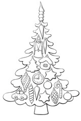 Vector contour Christmas tree decorated with xmas balls, glass toys, decorations. Template for children creativity, application, coloring book. New year, Xmas illustration. Outline, doodle, hand drawn