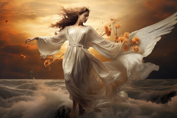 Culture and religion concept. Beautiful angel woman with big white wings in ocean or sea background. Model illuminated with sunset light and surrounded with flower blossoms. Generative AI