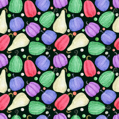 Hand drawn watercolor autumn pumpkin seamless pattern isolated on black background. Can be used for textile, Scrapbook, fabric and other printed products.