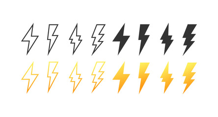 Lightning icons. Different styles, colors, lightning icons, thunderstorm set. Vector icons