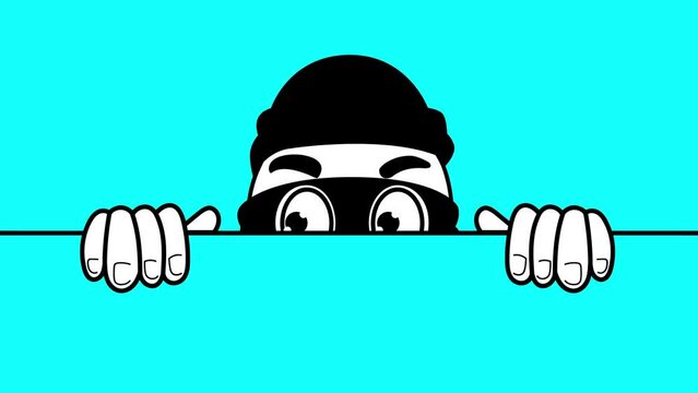 Sneaky thief wearing a mask and poking fun as he peeks mischievously from behind the wall, motion graphics