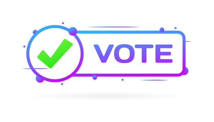 Vote sign. Flat, purple, checkmark in a circle, vote sign, green checkmark, vote icon. Vector icon