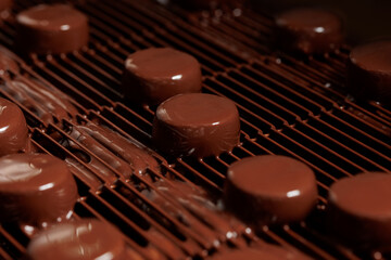 Sweets candy on chocolate factory conveyor. Process cocoa glazing marzipan