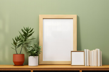 mockup photo featuring a blank white frame centered on a wooden shelf, complemented by decorative items and greenery against a muted green wall