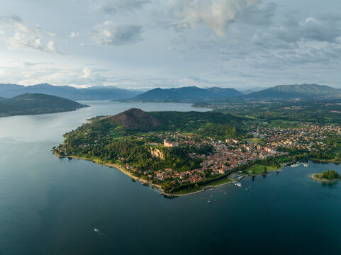 Aerial view of Angera, a small town along Lago Maggiore (Lake Maggiore) at sunset, Lombardy, Italy.