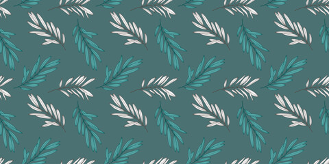 Fototapeta premium Turquoise botanical seamless pattern with white branches and leaves. Vector pattern for children's and women's textiles, wrapping paper, wallpaper, covers and cards.