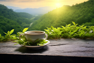Drinks, leisure, healthy lifestyles and travel concept. Cup of green tea placed on table in tea plantations and mountains landscape background. Sun illumination. Generative AI - obrazy, fototapety, plakaty