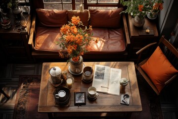 Naklejka na ściany i meble Coffee table with open planners and cozy reading nooks, Generative AI