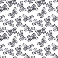 Hand drawn black pencil butterfly seamless pattern isolated on white background. Can be used for textile, fabric, ornament and other printed products.