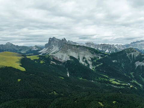 Aerial view of Seceda, a popular mountain peak on the Dolomites in the Odle/Geisler Group situated within Puez-Odle Nature Park in South Tyrol in Northern Italy.