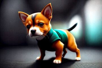 Small dog in green shirt standing on floor on black background and blurred background