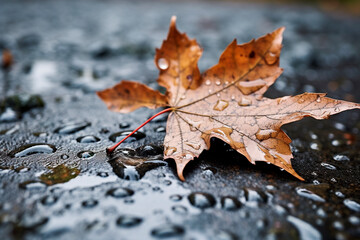 Close - up macro shot of a leaf floating in a puddle during a storm