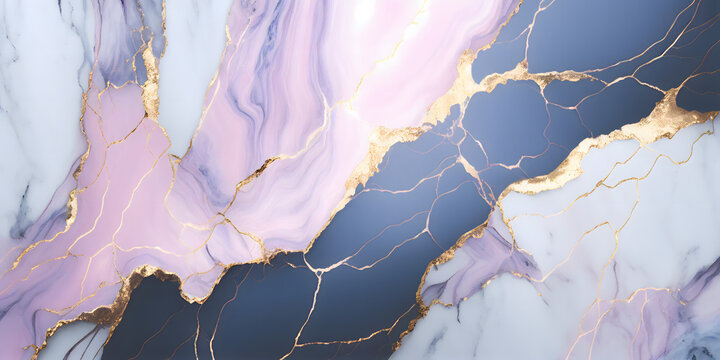 Light pink and blue marble texture with golden veins. Generative Ai.