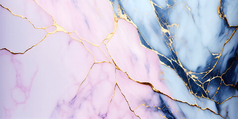 Light pink and blue marble texture with golden veins. Generative Ai.
