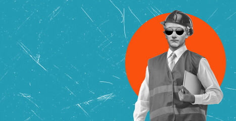 Abstract contemporary collage. A person with a plaster head.