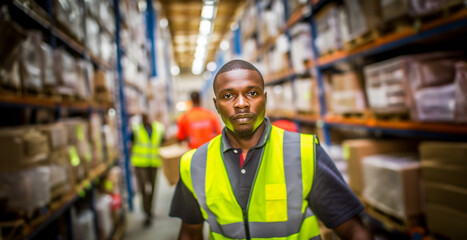 Professional logistic warehouse worker. African American warehouse worker take flat box from shelf in big warehouse factory, Online shopping store for logistic service to deliver the shipment