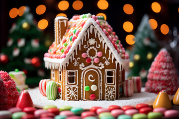 Food, Christmas and New Year holidays concept. Gingerbread house and cookies with Christmas style decorations. Cozy festive mood. Generative AI