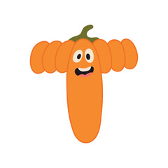 Cute Halloween alphabet letter T pumpkin character. Funny kids decorative lettering. for t-shirt, nursery decoration, baby shower, greeting card, invitation, scrapbooking. Vector stock illustration