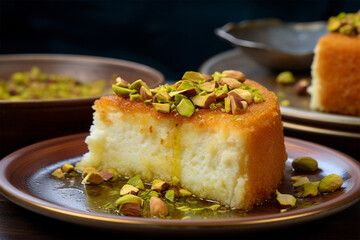 a plate of homemade kunafa with delicious cheese and pistachios - obrazy, fototapety, plakaty