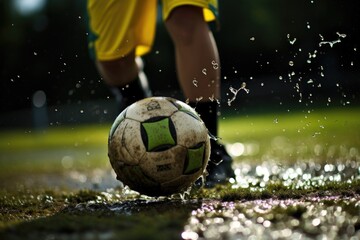 Man with dirty soccer ball near puddle outdoors, closeup