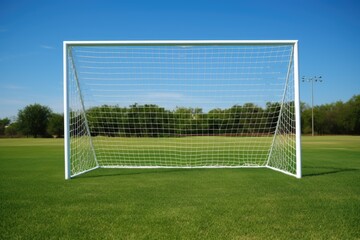 Soccer goal with soccer field green grass sunny day outdoors. - obrazy, fototapety, plakaty