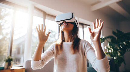 Woman with a VR headset in her living room

