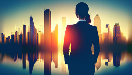 Business woman looking to the skyline on sunset, career and success - obrazy, fototapety, plakaty