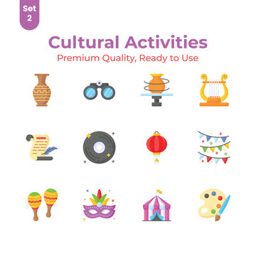 Well designed cultural activities icons set in modern style, premium vectors