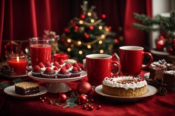 Obraz na płótnie Canvas Christmas cake with berries and cup of coffee on the background of the Christmas tree